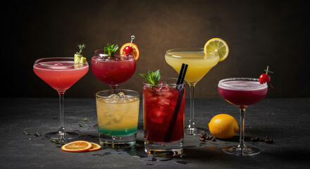 Assorted colorful cocktails on dark surface