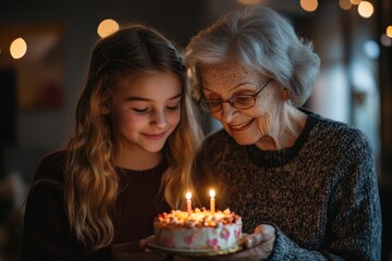 Granddaughter celebrating her birthday with her elderly grandma, holding a birthday cake with a candle. This scene captures the joy of family celebrations and bonding, Generative AI