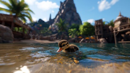 Fototapeta premium A playful duckling swims in a tropical lagoon with palm trees and a mountain backdrop