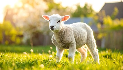 Fototapeta premium Adorable white lamb grazing peacefully in a sunlit green meadow during springtime
