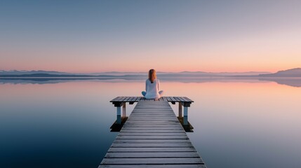 Solitary figure sitting on wooden pier overlooking misty lake and distant hills in a tranquil and reflective morning setting, Generative AI