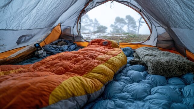 Interior of a tent with sleeping bag