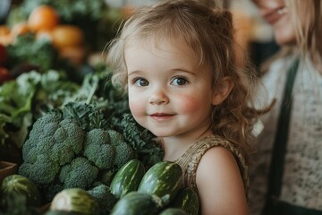 Happy little girl shopping for vegetables with her mother at a local family farmers market, emphasizing healthy eating and local produce, Generative AI