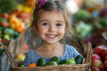 Happy little girl shopping for vegetables with her mother at a local family farmers market, emphasizing healthy eating and local produce, Generative AI