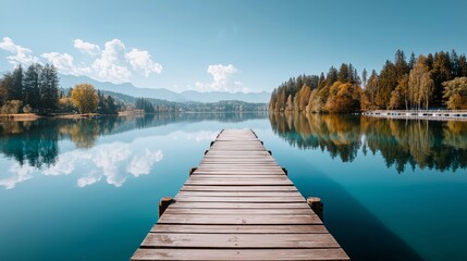 Fototapeta premium Tranquil lake view with distant mountains and solitary person seated on wooden pier in a serene misty morning atmosphere, Generative AI