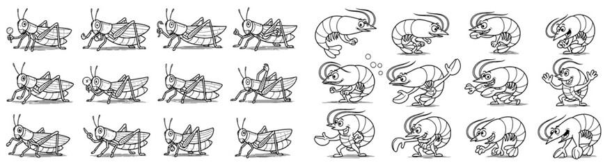 Cartoon grasshoppers and shrimps pose. Funny insects, seafood, whimsical, characters, creatures, outlined