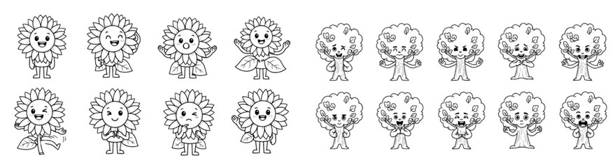 Obraz premium Cute flower and tree characters. Cartoon, nature, happy, kawaii, funny, art, design, child, doodle, illustration, whimsical, spring, plants, botanical