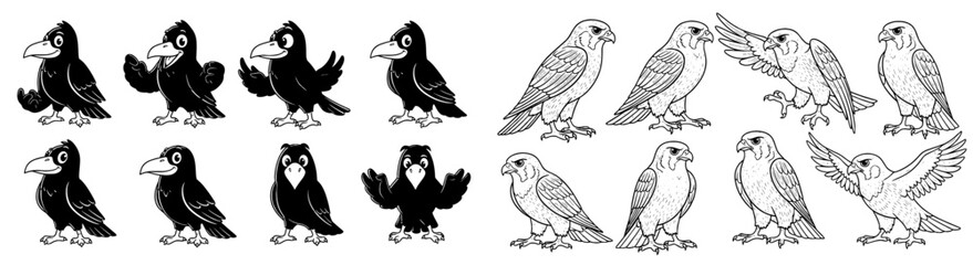 Obraz premium Cartoon birds image featuring crows and falcons. Wildlife vector, animal clip art, ornithology, birdwatching, nature.