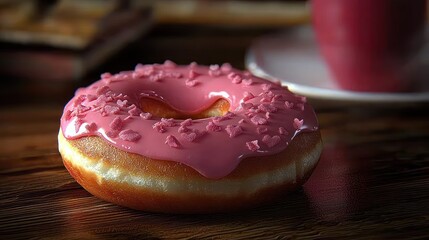 Delicious pink frosted donut with sprinkles on a wooden table, coffee cup in the background