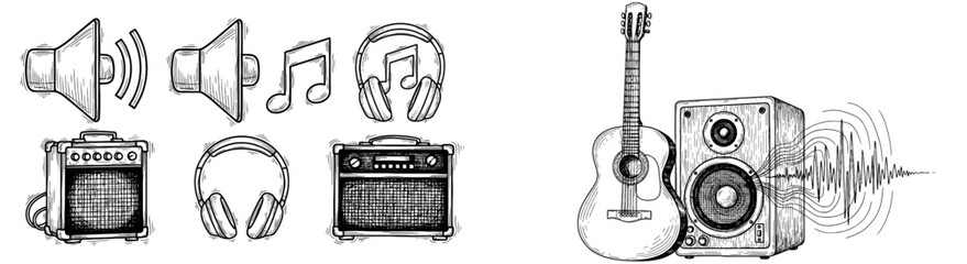 Fototapeta premium Musical instrument sketches, acoustic guitar, speakers and equipment. Music, sound, audio, concert, studio, musician, entertainment