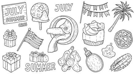 July themed line art collection of summer objects and icons.  Celebration, vacation, holiday, patriotic, decorative, seasonal, fun.