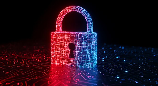 Digital lock icon glowing with binary code and red blue cyber security theme