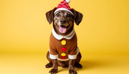 Brown dog wearing Christmas gingerbread man costume and Santa hat sitting on yellow background