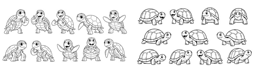 Cute turtles pose in various stances. Cartoon animals, character design, cheerful, playful, wildlife, aquarium, reptile