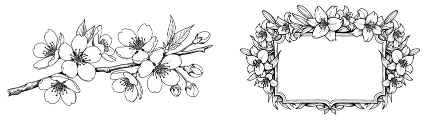 Obraz premium Floral designs featuring blossoms and lilies. Spring flowers, botanical frame, ornamental, hand-drawn, nature, illustration, floral border, greeting card, invitation