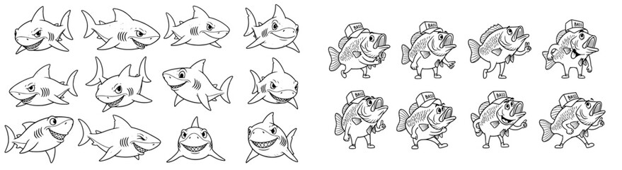 Fototapeta premium Cartoons of sharks and bass wearing caps, expressing different emotions. Sea life, animals, fish, swimming, nature, humor, aquatic, creatures, happy, angry, funny