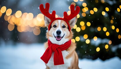 Corgi dog wearing red scarf and reindeer antlers headband sitting outdoors in winter holidays with Christmas lights in the background