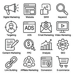 A collection of minimalist line icons represents various digital marketing strategies and tools, including SEO, PPC, email marketing, and e-commerce, on white.
