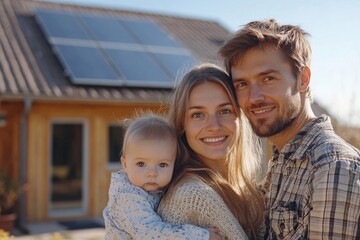 Happy family with a baby standing near their house with solar panels, emphasizing the importance of alternative energy and sustainable living, Generative AI