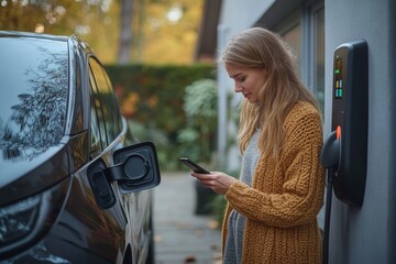 Young woman with smartphone waiting while electric car charges at home station, embodying the sustainable and economic benefits of electric vehicles, Generative AI