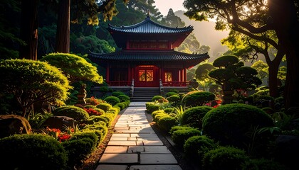 Naklejka premium Asian garden pavilion at dawn