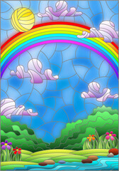 An illustration in stained glass style with a summer landscape , a rainbow against a Sunny sky, flowers and a stream