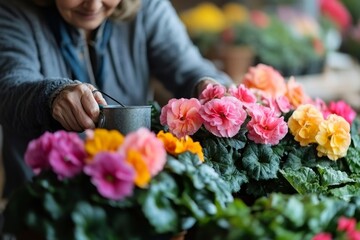 Senior woman watering flowers in her apartment,  home gardening and the joy of caring for plants, Generative AI