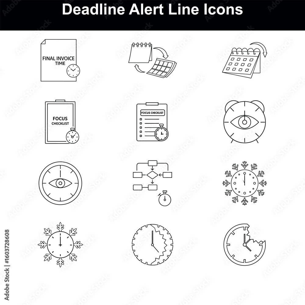 Poster project deadline and time limit line icons for productivity apps vector illustration on white backgr