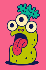 Surprised Green Monster with Three Eyes and Long Tongue