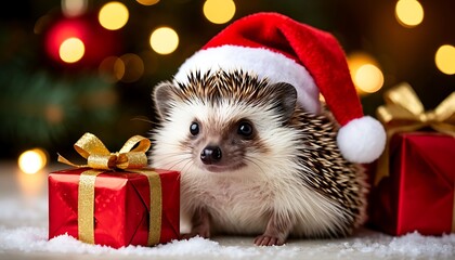 Adorable hedgehog wearing a Santa Claus hat, surrounded by Christmas gifts and festive bokeh lights, embodies holiday spirit
