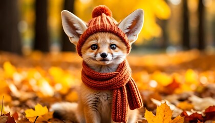 Adorable fennec fox wearing a warm wool cap and scarf sits among colorful autumn leaves in a serene forest setting
