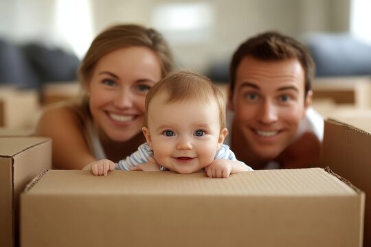 Portrait of a young couple with a baby and cardboard boxes, moving into a new home. This scene represents the excitement and challenges of starting a new chapter in life, Generative AI