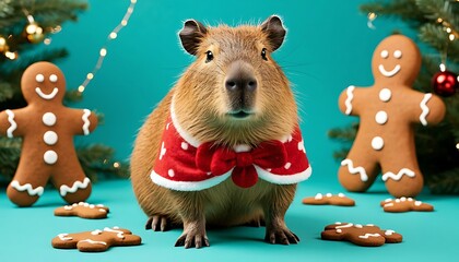 Capybara wearing a Christmas outfit posing on a turquoise background with gingerbread cookies and a Christmas tree