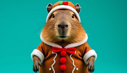 Studio portrait of a capybara wearing a christmas gingerbread man costume on a vibrant turquoise background