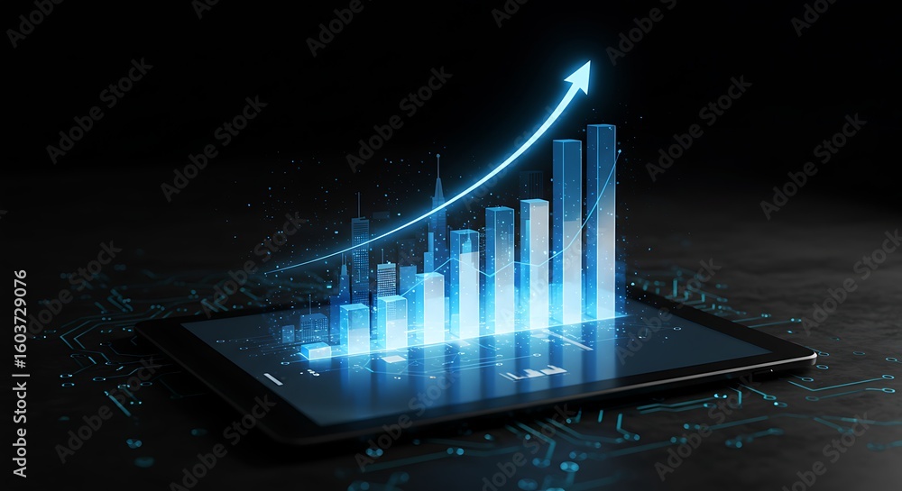 Poster digital growth chart with upward arrow emerging from a tablet screen