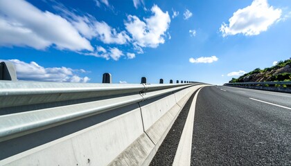 Fototapeta premium Concrete Barrier Wall Along Highway Under Blue Sky with Motion Blur Clouds