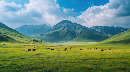 Scenic green valley landscape with blue sky clouds mountains and grazing cows peaceful nature view perfect for travel and rural life