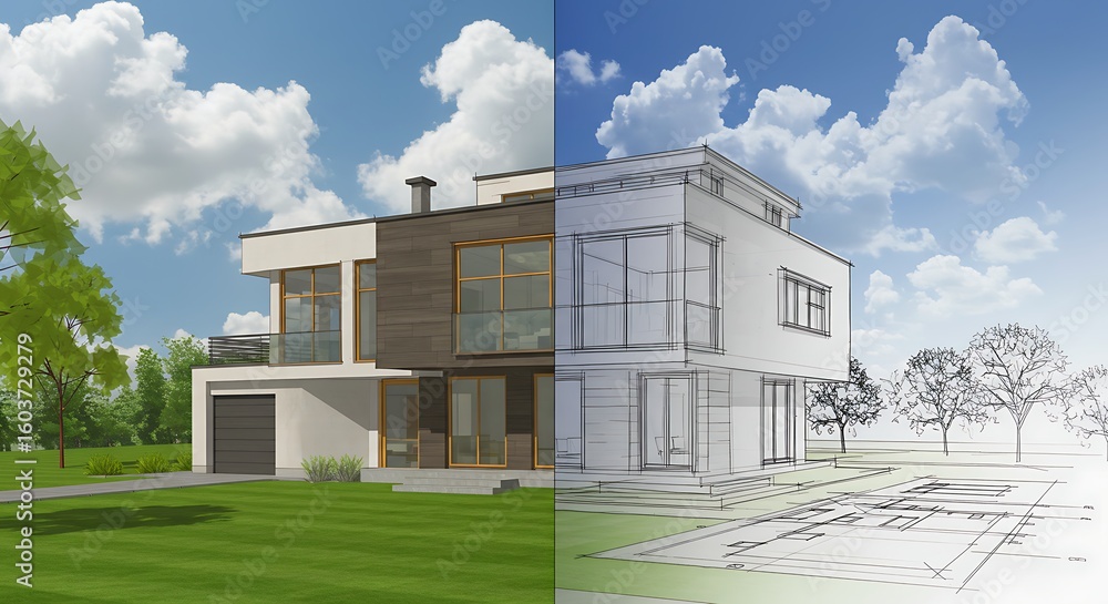 Poster modern house design split between realistic rendering and architectural sketch