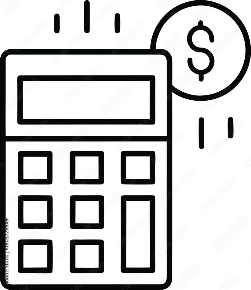Poster line icon of a calculator with a dollar sign isolated on transparent background