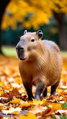 Capybara walking gracefully across a carpet of dry autumn leaves in a serene park, surrounded by vibrant orange, yellow, and brown foliage