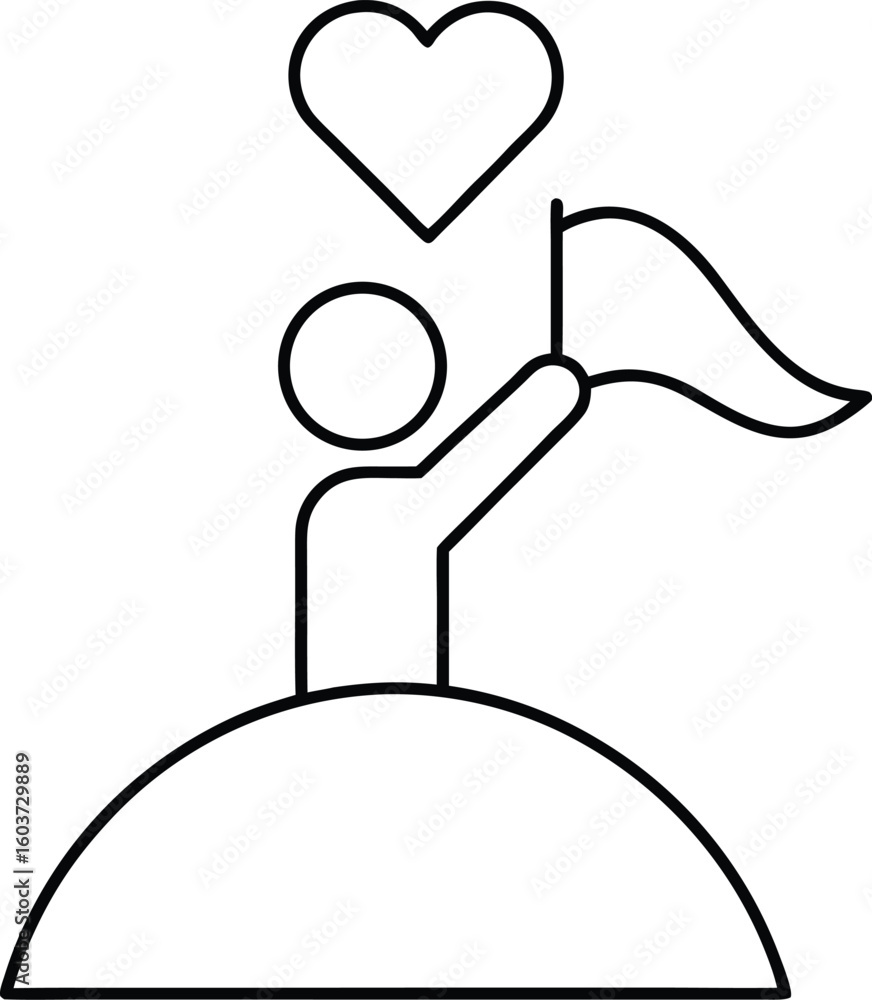 Poster line style icon of a person holding a flag representing commitment isolated on transparent backgroun