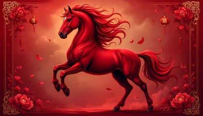 Majestic red horse running free, surrounded by red peonies and lanterns, celebrating the Chinese New Year with elegance and power