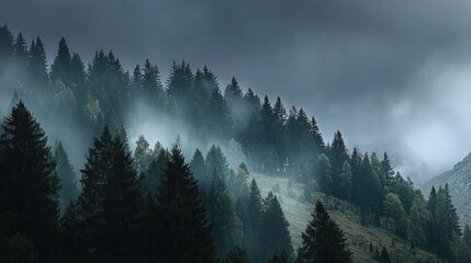 Misty mountain slope with dark evergreen trees