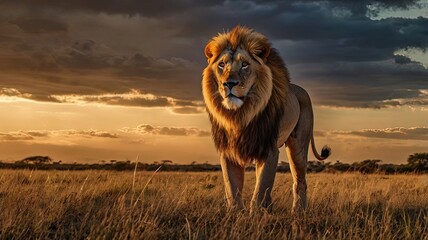 A majestic lion standing in a field of tall grass at sunset with cloudy sky in the background