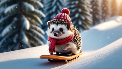 Adorable hedgehog wearing red woolen hat and scarf sliding down snowy hill on small wooden sled in winter forest