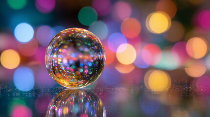 sparkling crystal ball reflecting colorful lights and bokeh 