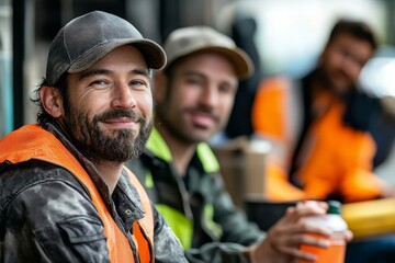 Portrait of workers on a break, conversing with colleagues and resting during their shift. The scene emphasizes camaraderie and teamwork, Generative AI