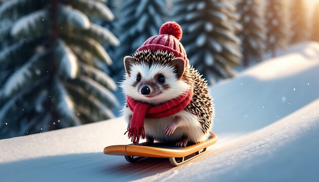 Adorable hedgehog wearing red woolen hat and scarf sliding down snowy hill on small wooden sled in winter forest