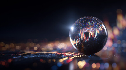 Stock market chart in a crystal ball, illustration, mystery dark background, light reflections and effects, created with generative AI technology -