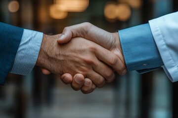 Pharmaceutical sales representative shaking hands with a doctor in a medical building, representing collaboration in the healthcare industry, Generative AI